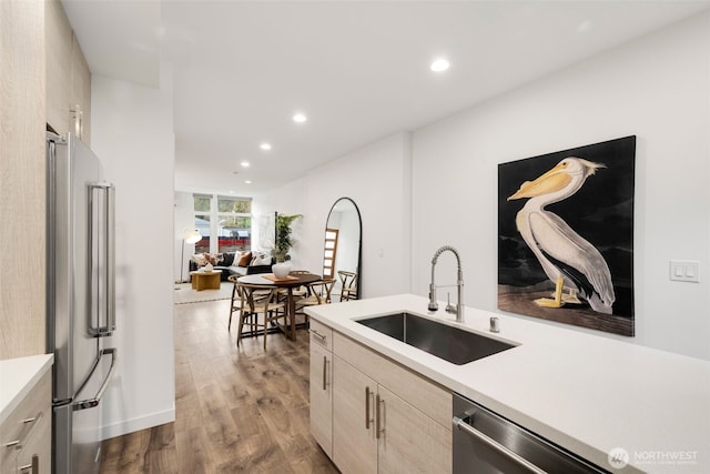 kitchen with appliances with stainless steel finishes, light countertops, a sink, and light brown cabinets