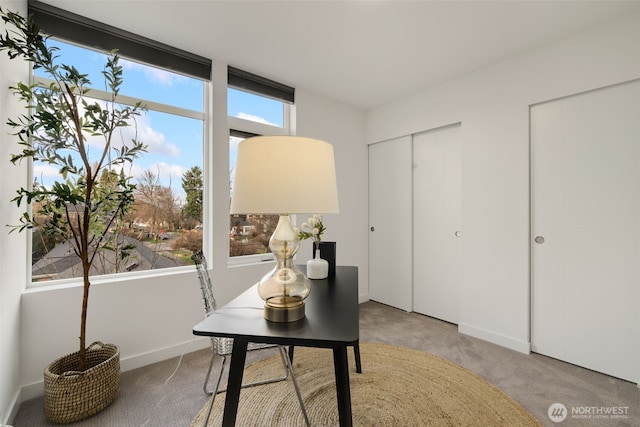 carpeted office featuring baseboards