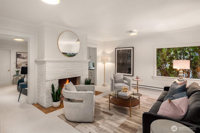 living room with a baseboard radiator and a lit fireplace