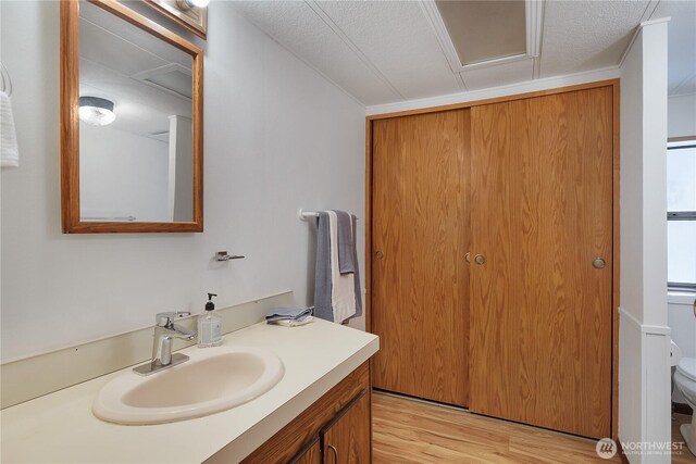 bathroom with toilet, a textured ceiling, vanity, and wood finished floors