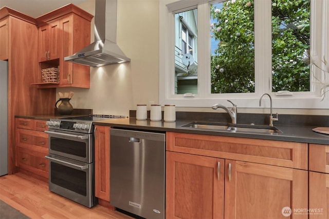 kitchen with wall chimney range hood, a sink, appliances with stainless steel finishes, and a healthy amount of sunlight