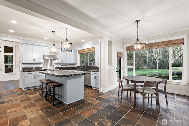 kitchen featuring under cabinet range hood, baseboards, stainless steel dishwasher, a center island, and dark countertops