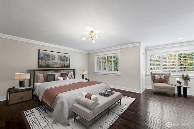 bedroom with ornamental molding, multiple windows, hardwood / wood-style flooring, and baseboards