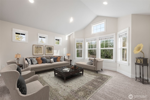 living area featuring high vaulted ceiling, carpet, baseboards, and recessed lighting