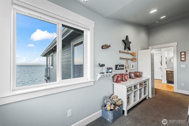 1831 Miracle Mile Dr E, Port Orchard, WA 98366 - hallway featuring carpet flooring, a water view, and baseboards