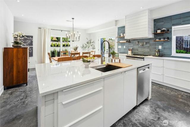 kitchen featuring a center island with sink, open shelves, a sink, modern cabinets, and dishwasher