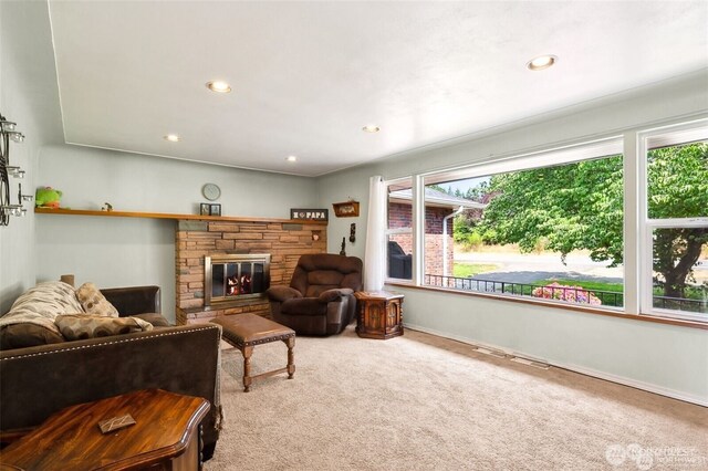 4421 89th Ave SE, Olympia, WA 98501 - living room featuring a fireplace, carpet, recessed lighting, and baseboards