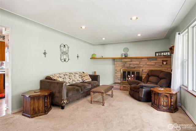4421 89th Ave SE, Olympia, WA 98501 - living room with baseboards, recessed lighting, a fireplace, and carpet