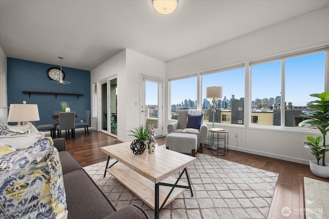 living area featuring a city view, plenty of natural light, and wood finished floors