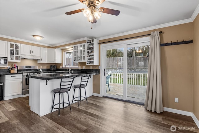 kitchen with under cabinet range hood, a kitchen bar, appliances with stainless steel finishes, white cabinetry, and a sink