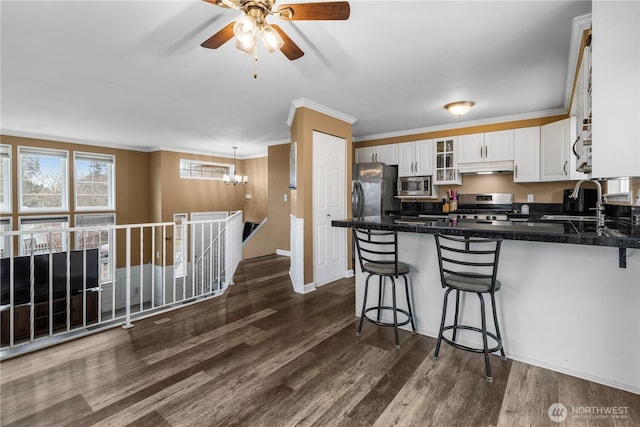 kitchen with under cabinet range hood, dark wood-style floors, stainless steel appliances, a peninsula, and tile counters