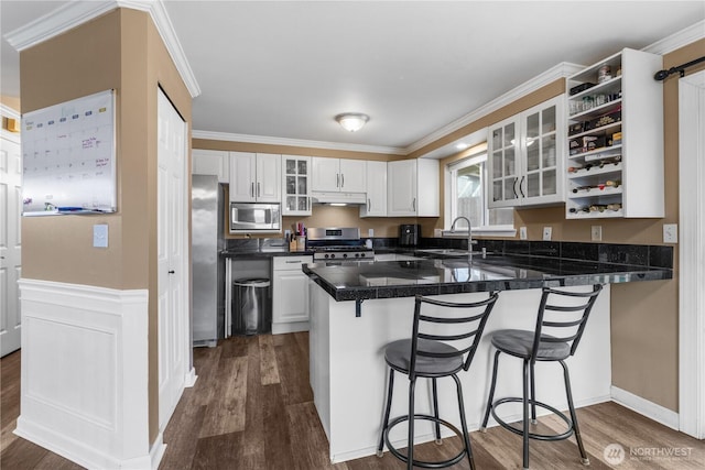 kitchen with a sink, stainless steel appliances, a peninsula, white cabinets, and crown molding