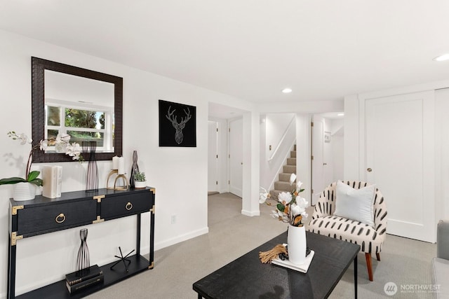 3657 23rd Ave W, Seattle, WA 98199 - living area featuring stairway, recessed lighting, and carpet floors