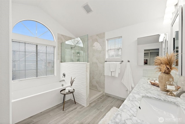 full bath featuring a healthy amount of sunlight, walk in shower, a sink, and wood finished floors