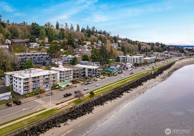 drone / aerial view featuring a water view