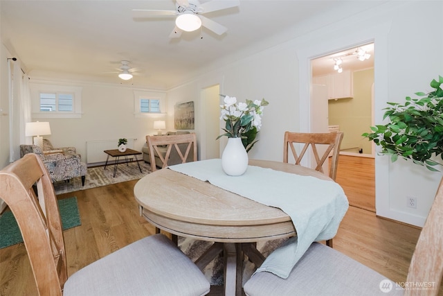 dining room featuring radiator heating unit, wood finished floors, and a ceiling fan