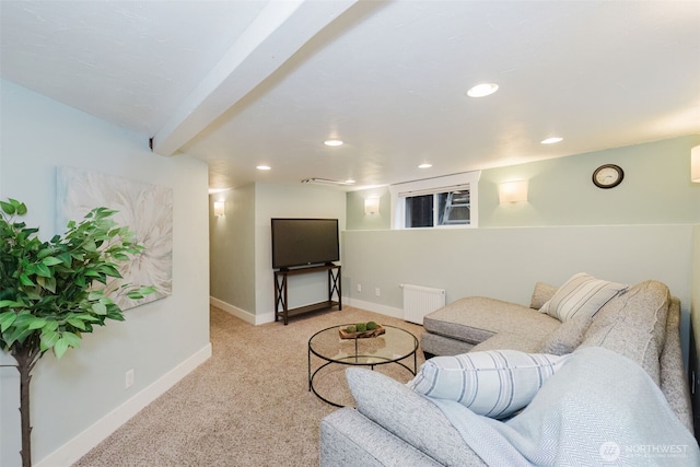 carpeted living room featuring recessed lighting, baseboards, beamed ceiling, and radiator heating unit