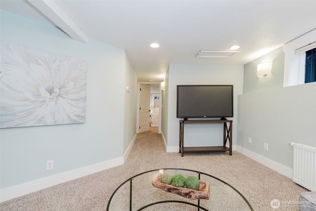 interior space with baseboards, carpet flooring, and recessed lighting