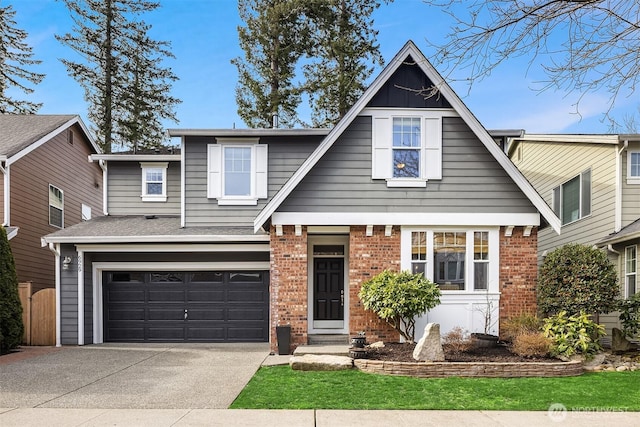 view of front of home with a garage, brick siding, driveway, and a shingled roof