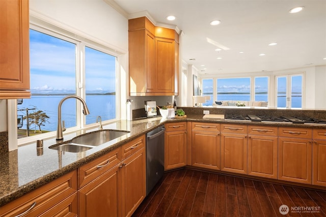 kitchen with dishwasher, a sink, brown cabinets, and dark stone counters