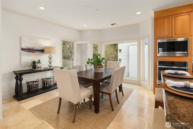 dining space with visible vents, recessed lighting, and light tile patterned floors