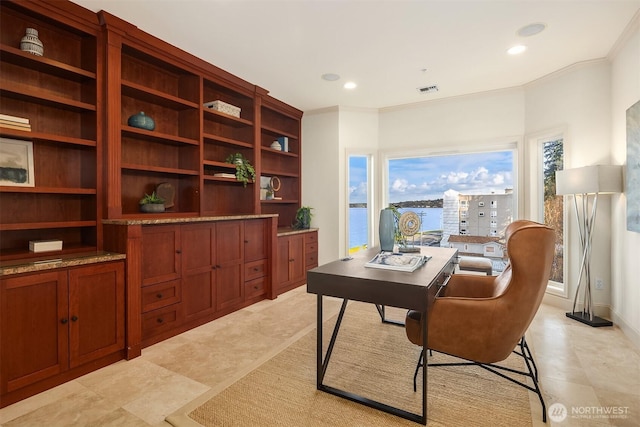 office with recessed lighting, visible vents, and ornamental molding