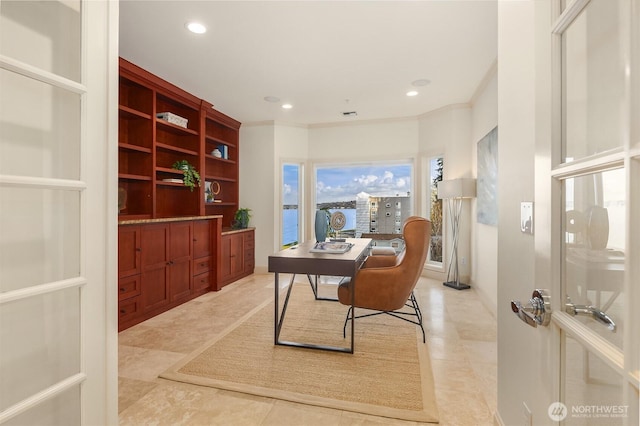 home office featuring recessed lighting, visible vents, and light tile patterned floors