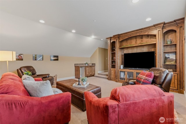 living area featuring recessed lighting, light colored carpet, built in features, vaulted ceiling, and baseboards