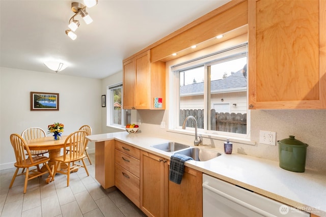 kitchen with backsplash, light countertops, white dishwasher, and a sink