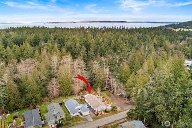 aerial view featuring a wooded view and a water view