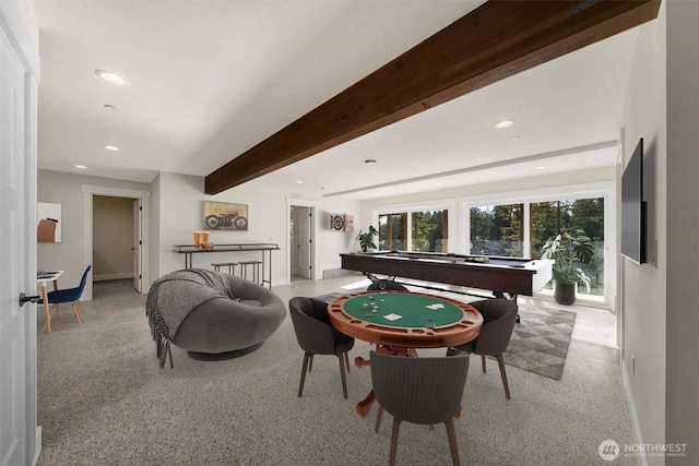 game room featuring recessed lighting, beam ceiling, and baseboards