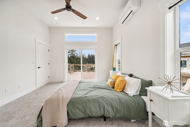 carpeted bedroom featuring ceiling fan, recessed lighting, baseboards, access to exterior, and a wall mounted air conditioner