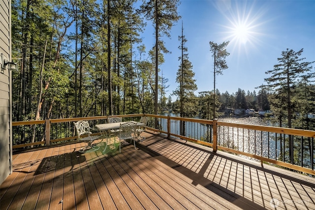 wooden deck featuring a water view