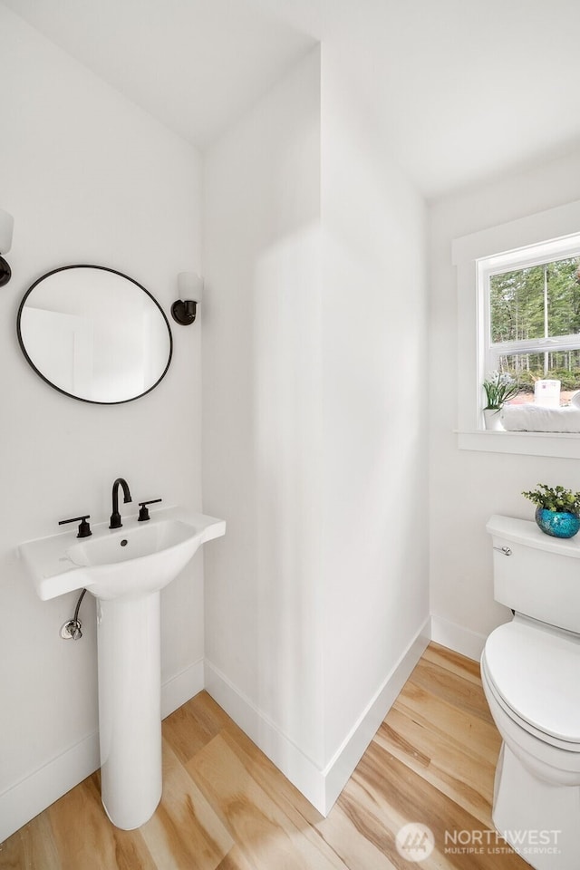 bathroom with baseboards, toilet, and wood finished floors