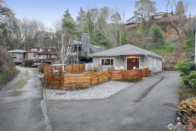 view of front of house with a fenced front yard and roof with shingles