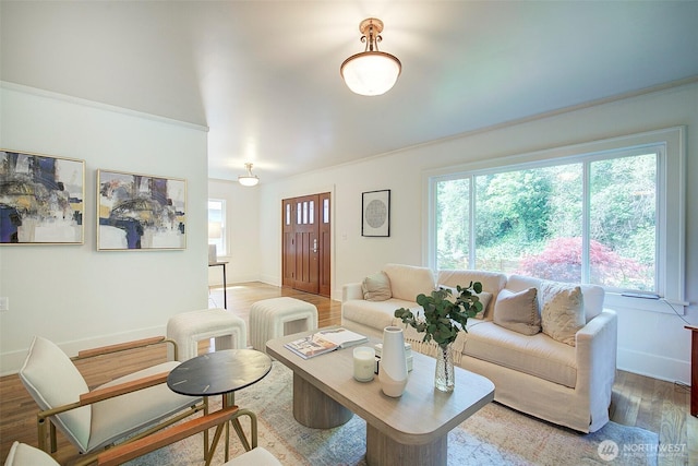 living room featuring plenty of natural light, light wood-style flooring, and baseboards