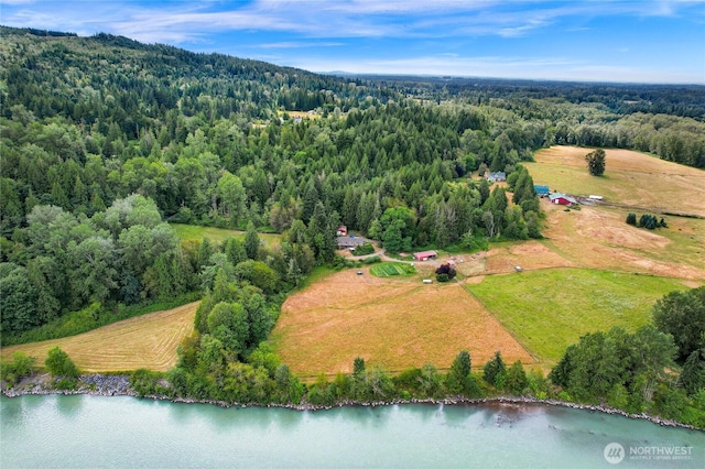 aerial view featuring a water view and a view of trees