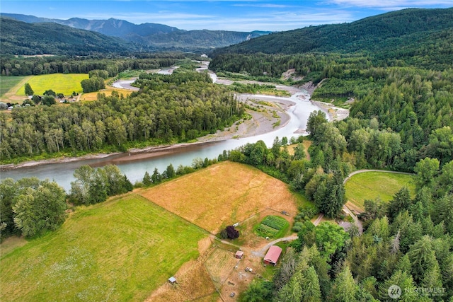 drone / aerial view featuring a wooded view and a water and mountain view