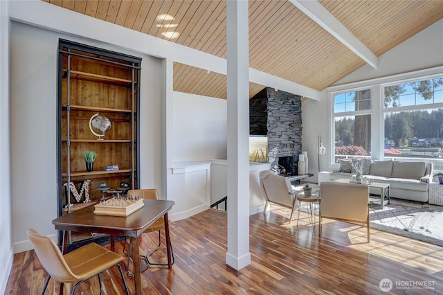 interior space with wood ceiling, wood-type flooring, a fireplace, and lofted ceiling with beams