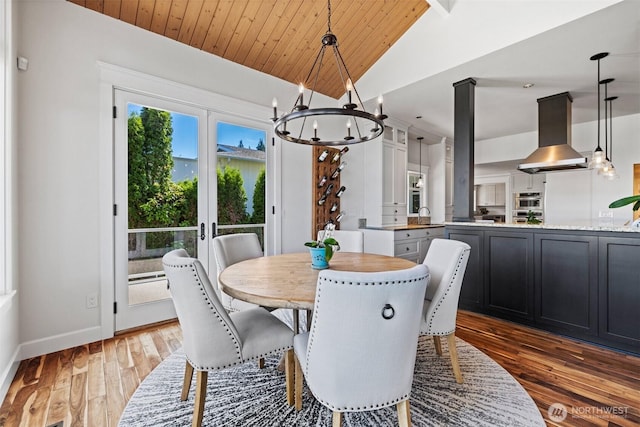 dining room with lofted ceiling, wooden ceiling, dark wood-type flooring, french doors, and a chandelier