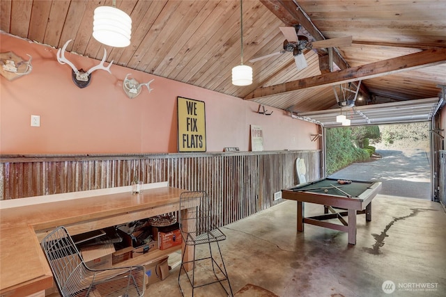 recreation room with lofted ceiling, wood ceiling, billiards, and concrete flooring