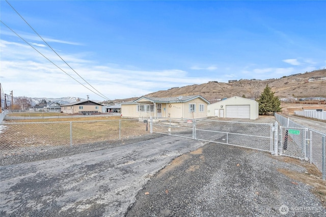 view of front of home with a gate, fence private yard, and a mountain view