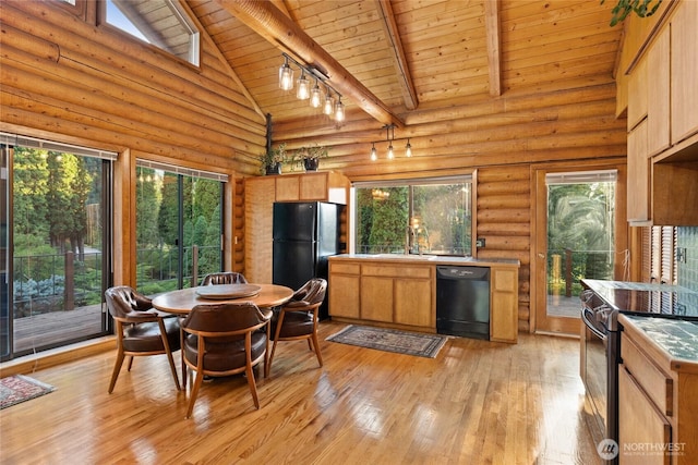 dining space with beam ceiling, wooden ceiling, light wood-style flooring, and track lighting