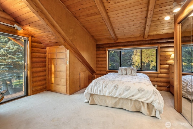 bedroom featuring lofted ceiling with beams, access to exterior, wood ceiling, and light carpet