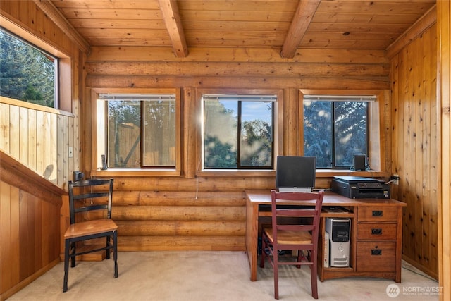 office area featuring light carpet, wood ceiling, and beam ceiling