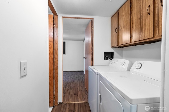 8246 Salish Ln, Blaine, WA 98230 - clothes washing area featuring cabinet space, separate washer and dryer, and dark wood-type flooring