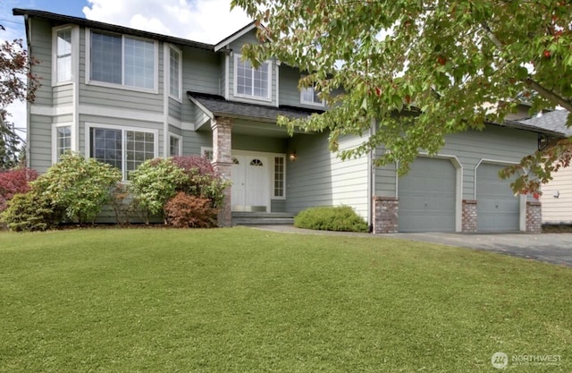 view of front of house with a garage, brick siding, driveway, and a front lawn