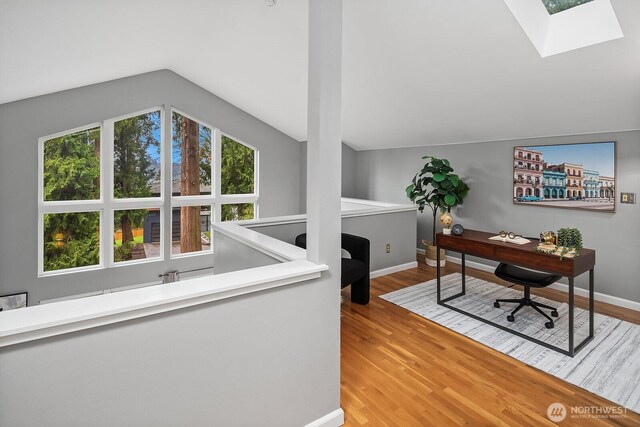 office with lofted ceiling with skylight, a healthy amount of sunlight, and wood finished floors