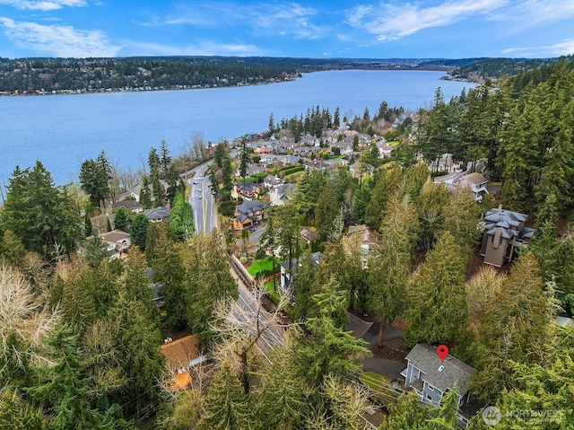 aerial view featuring a forest view and a water view