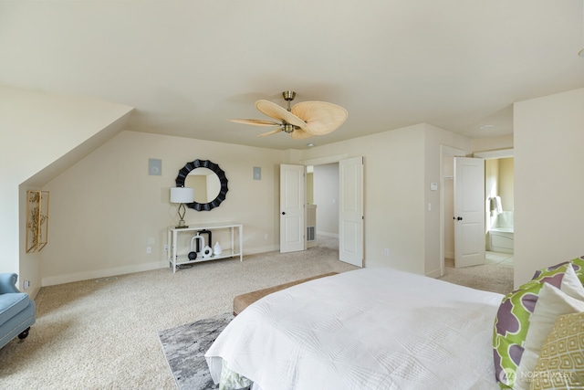 bedroom featuring a ceiling fan, baseboards, and light carpet